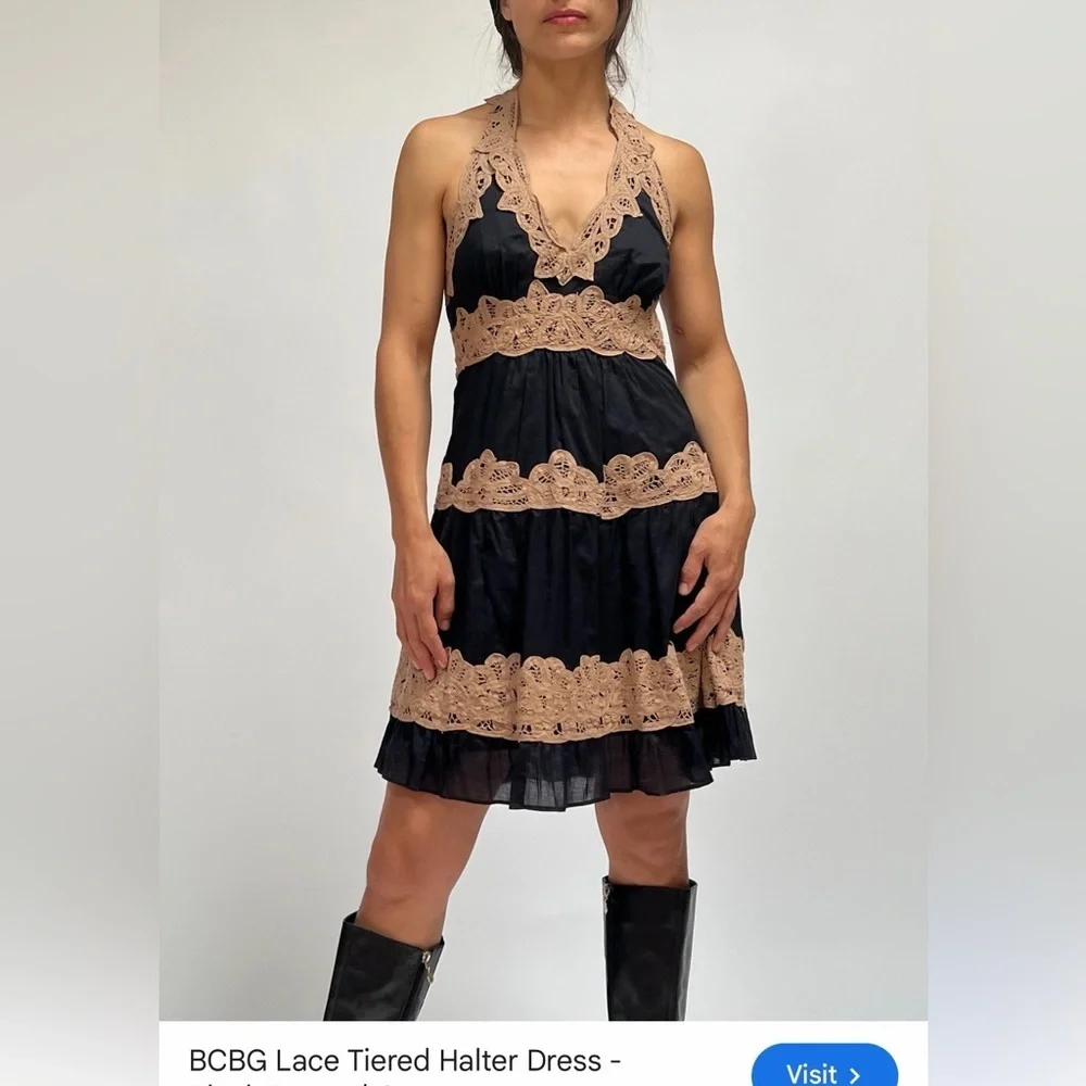 Vintage Y2K 90’s rare BCBG black brown lace halter mini dress cotton silk chic - Picture 1 of 11